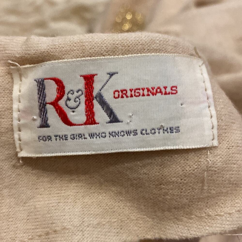 R & K Originals Vintage Short Cap Sleeve Midi Dress Tan & Gold Threaded Sz Small - Picture 6 of 11